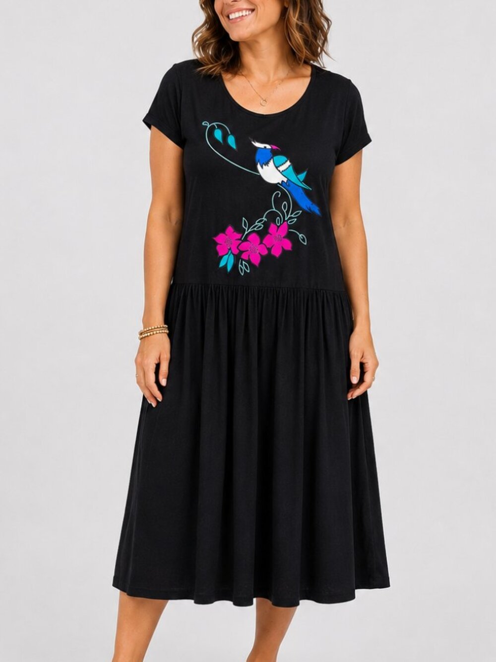 Vintage Appel USA Black Embroidered Bird Floral Drop Waist Midi Dress M/L